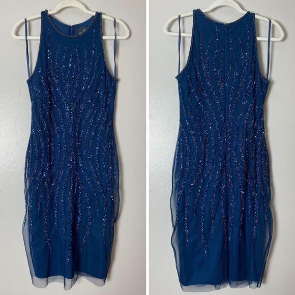 ADRIANNA PAPELL DRESS 8 BLUE COCKTAIL PARTY FESTIVE HOLIDAYS - Picture 2 of 16